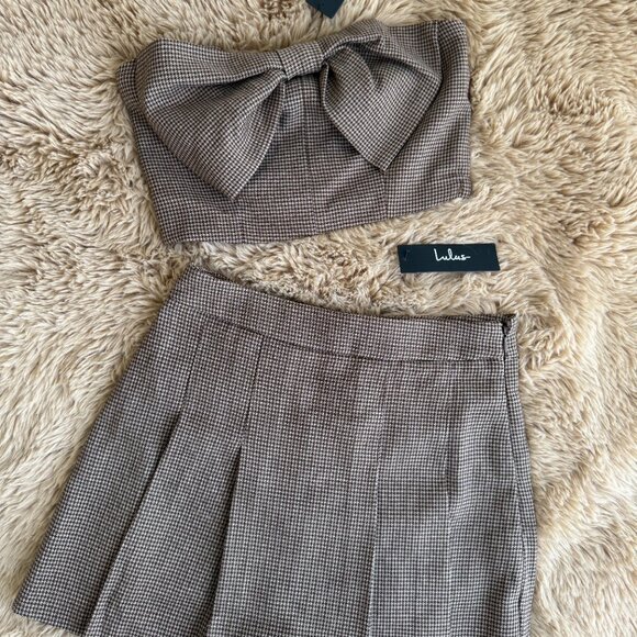 Lulus Brand New Plaid Bow Crop Top & Tweed Box Pleated Skort - Picture 5 of 8